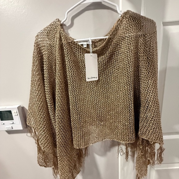 ten stories up Tops - Metallic Gold Open Knit Fringe Poncho Sweater